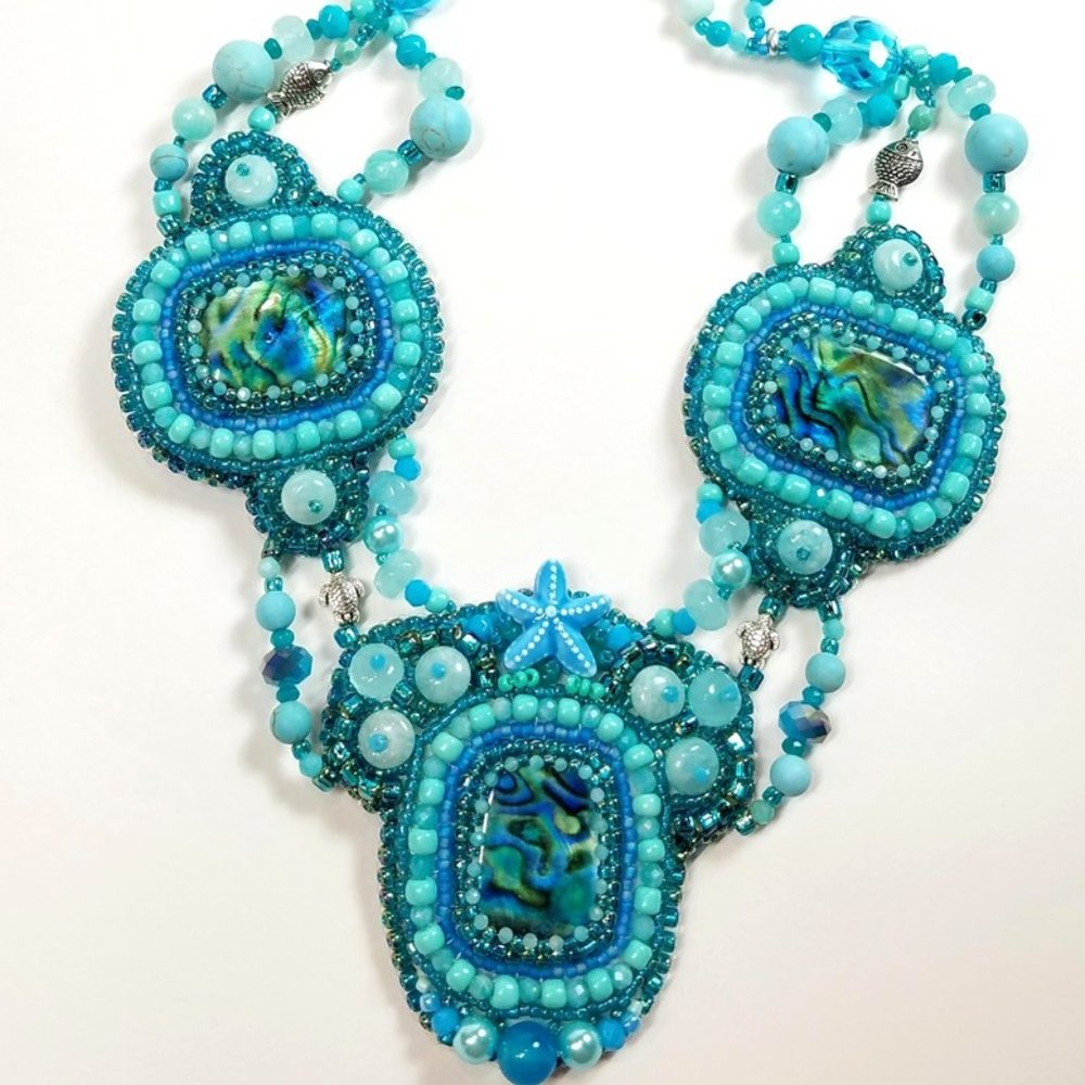 Aqua Blue Beaded-Embroidery Shell Necklace, Handmade Seaside Mermaid Fashion
